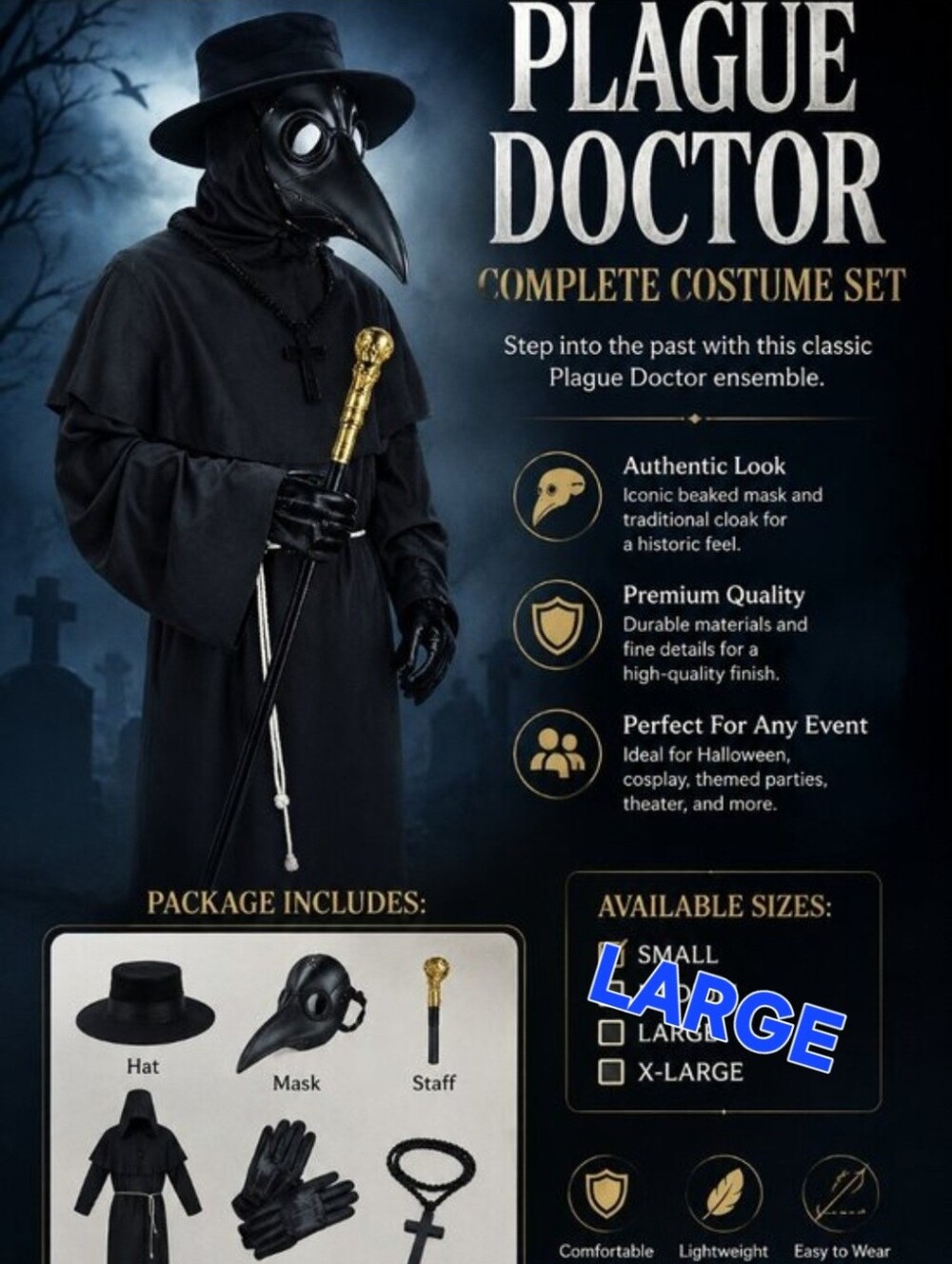 Plague Doctor Complete Costume Set – Size Large